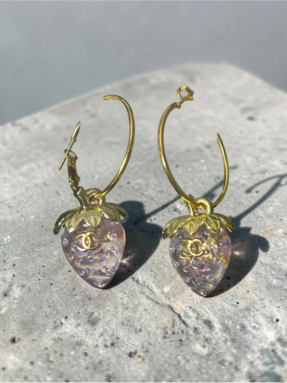 Gold Hoop Earrings with Iridescent Lavender Strawberry Charms by CHANEL